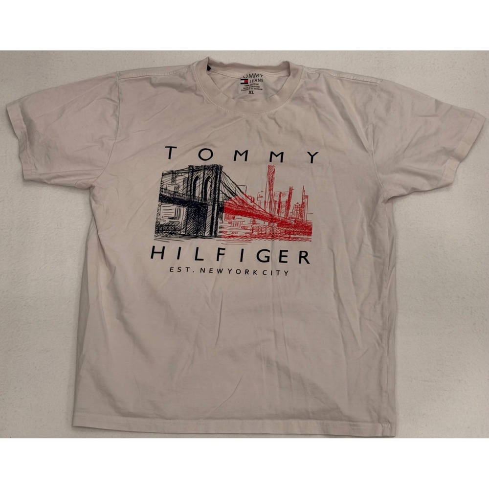 Tommy Hilfiger Jeans Mens XL White Brooklyn Bridge NYC Graphic T-Shirt Cotton